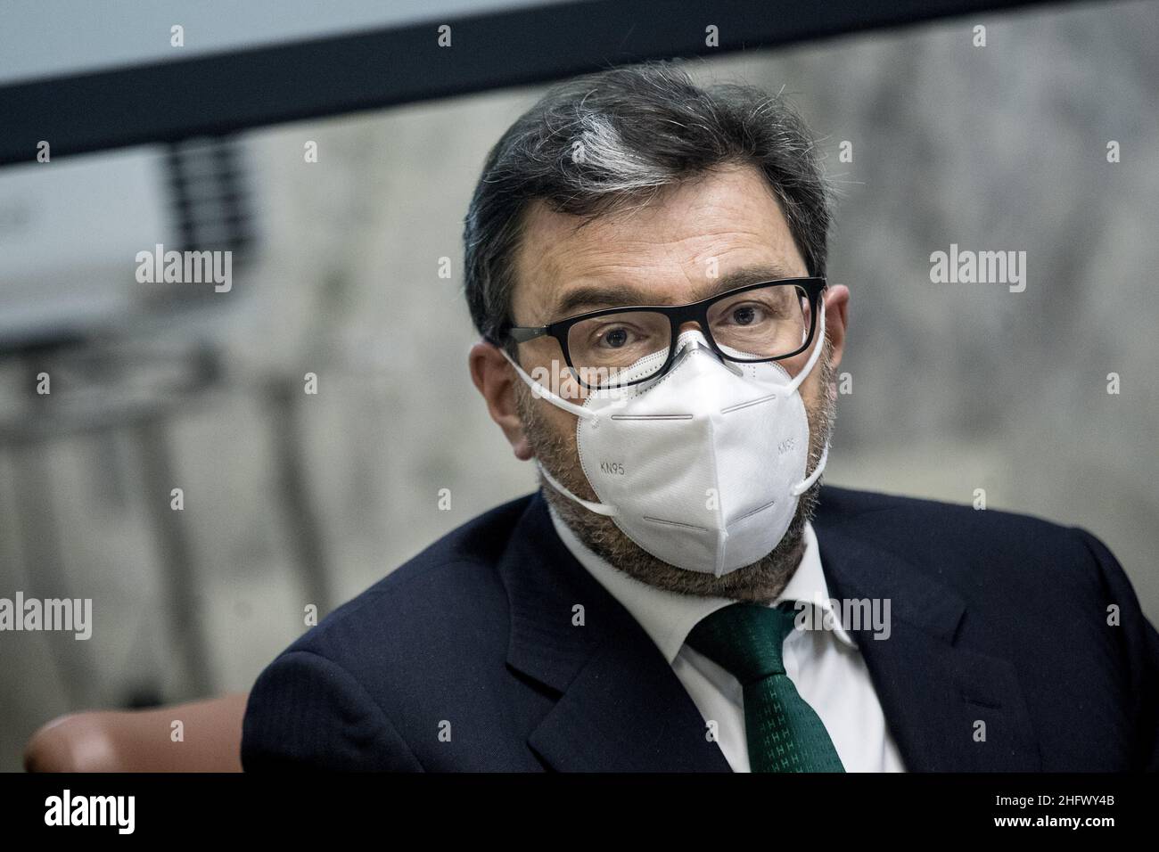 Roberto Monaldo / LaPresse 19-03-2021 Rom (Italien) der Minister für wirtschaftliche Entwicklung Giancarlo Giorgetti trifft den französischen Wirtschaftsminister Bruno Le Maire im Bild Giancarlo Giorgetti Stockfoto