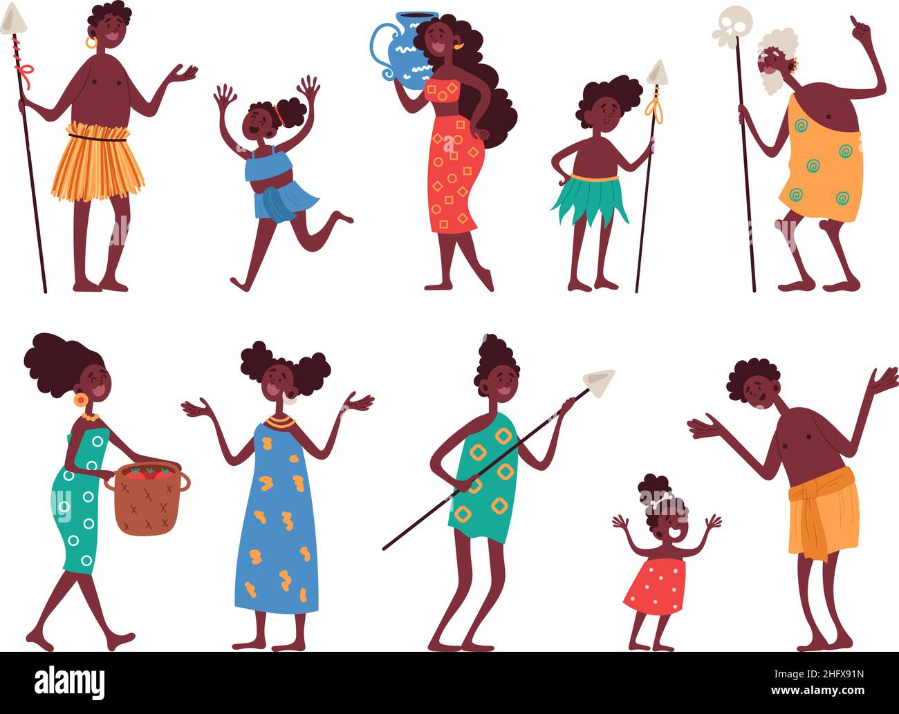 Afrikanische Stammesfiguren. Lustige Männer und Frauen, Kinder und alte Menschen, bunte nationale Kleidung und ethnische Haushaltsgegenstände, Männer und Frauen Stock Vektor