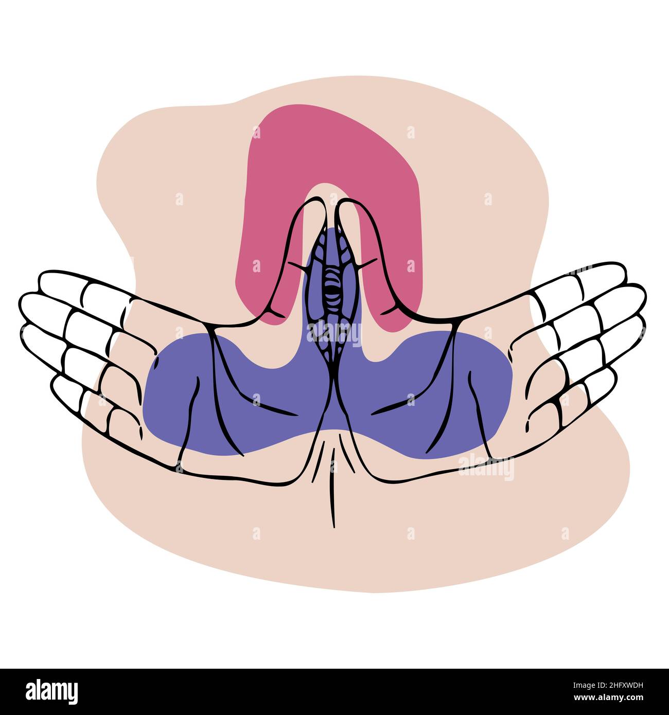 Zwei offene Heands mit dem Freimaurersymbol für magische Augen. Handgezeichnete Alchemie, Religion, Spiritualität, Okkultismus. Offene Handflächen auf abstrakten Punkten Hintergrund Vektor-Illustration Stock Vektor