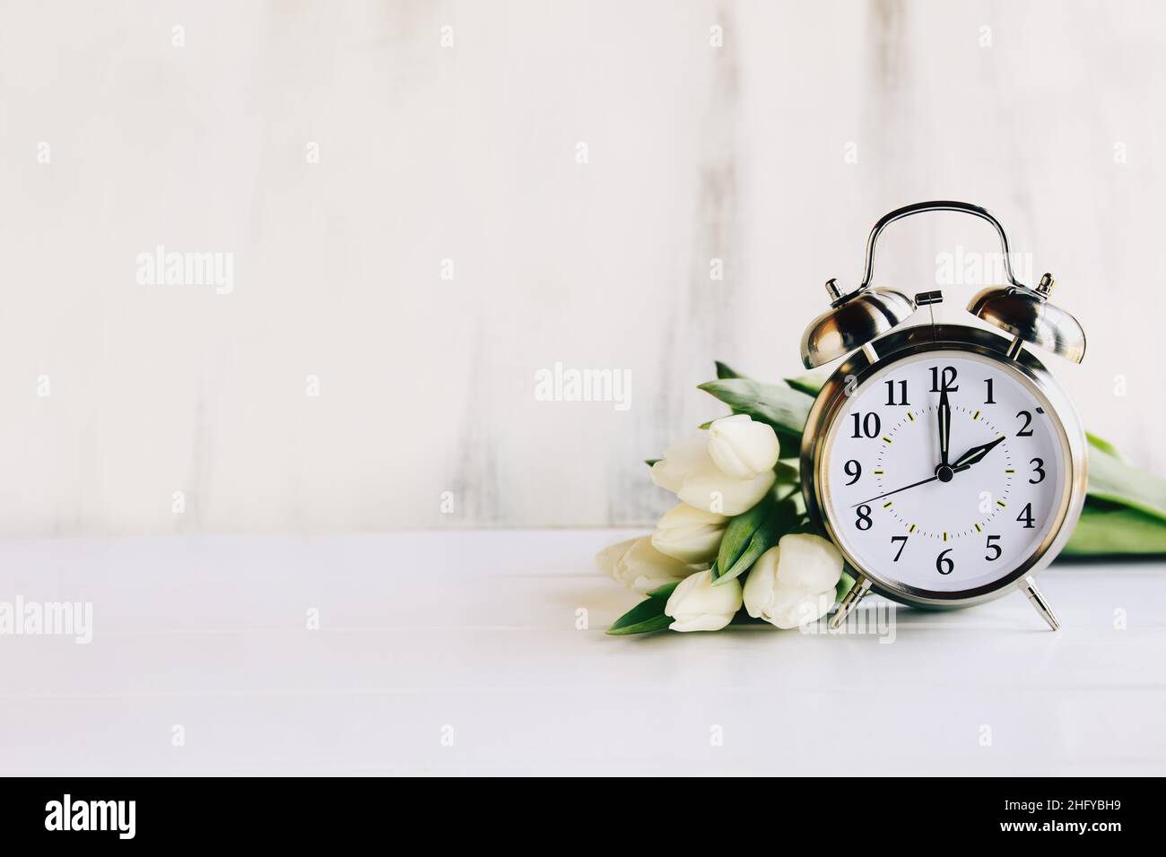 Konzept der Sommerzeit. Stellen Sie Ihre Uhren und auf 2 Uhr und Frühling voraus mit diesem Bild von einem Wecker mit weißen Tulpenblüten. Stockfoto