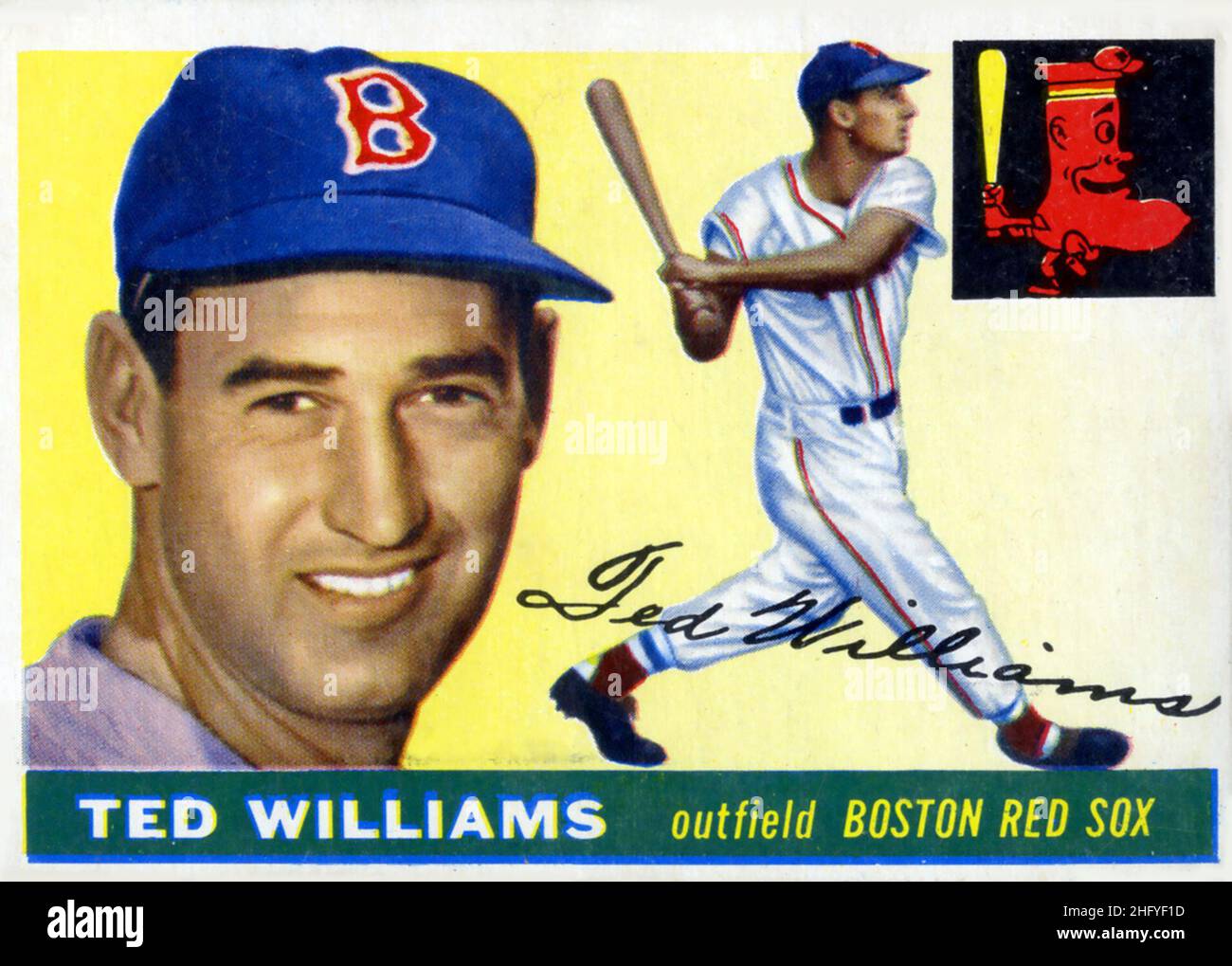 Eine 1955 Topps Baseballkarte, auf der der Hall of Fame-Spieler Ted Williams mit der Boston Red Sox abgebildet ist. Stockfoto
