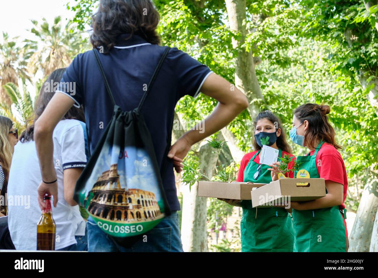 Mauro Scrobogna /LaPresse 11. Juni 2021&#xa0; Rom, Italien Nachrichten Antiprohibitionisten - besserer legaler Cannabis auf dem Foto: Momente der Initiative auf der Piazza Vittorio mit dem Verkauf legaler Cannabis-Setzlinge, um einen Appell an das Parlament für die Legalisierung von Cannabis zu starten Foto Mauro Scrobogna /LaPresse 11-06-2021 Roma , Italia Cronaca Antiproibizionisti - Cannabis meglio legale Nella foto: Momento dell&#X2019;iniziativa auf der Piazza Vittorio con la vendita di piantine di Cannabis legale per lanciare un appello al Parlamento sulla legalizzazione della Cannabis Foto Mauro Scrobogna /LaPresse Jun Stockfoto