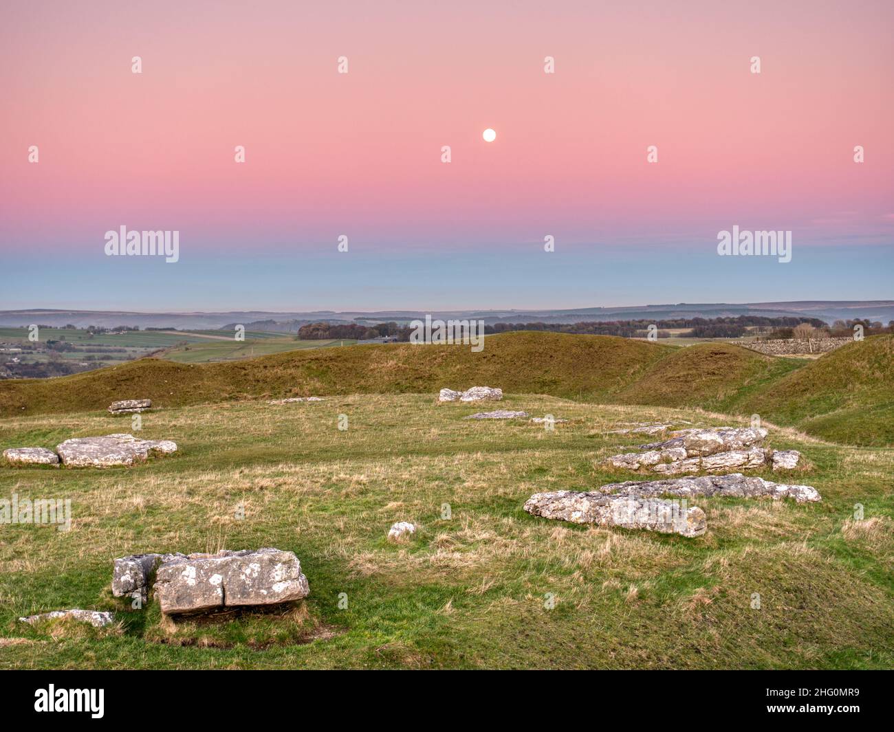 Full Wolf Moon Arbor Low Stone Circle, Peak Distrcit National Park, Derbyshire, Großbritannien Stockfoto