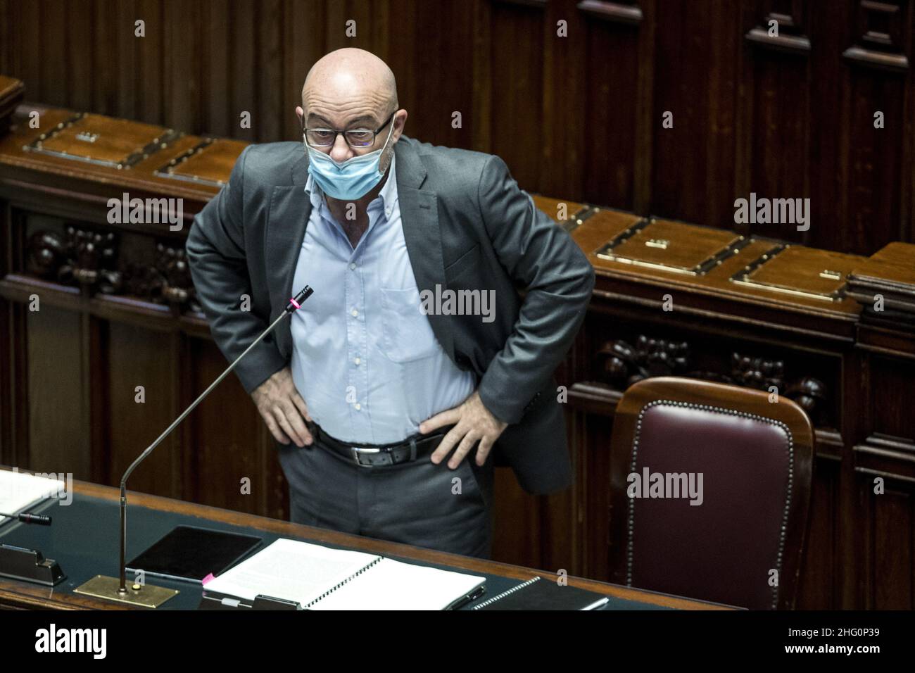 Roberto Monaldo / LaPresse 05-08-2021 Abgeordnetenkammer Rom (Italien) - Bericht des Ministers für ökologischen Übergang über Waldbrände im Bild Roberto Cingolani Stockfoto