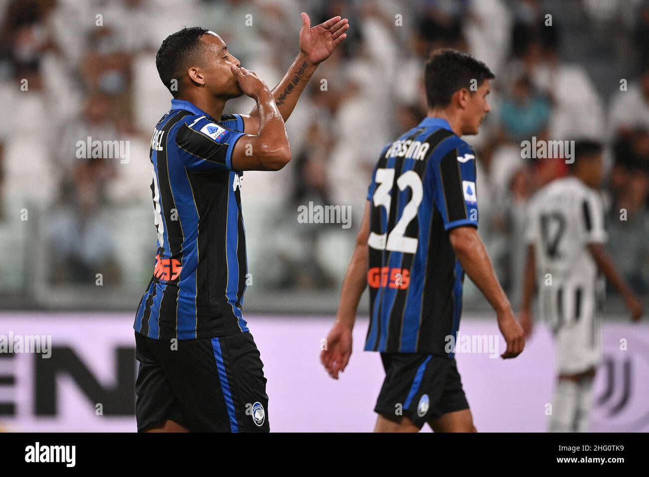 Marco Alpozzi/LaPresse 14. August 2021 Turin, Italien Sportfußball Juventus vs Atalanta - Freundschaftsspiel vor der Saison - Allianz Stadium im Bild: Luis Muriel (Atalanta B.C.);feiert nach dem Tor Stockfoto