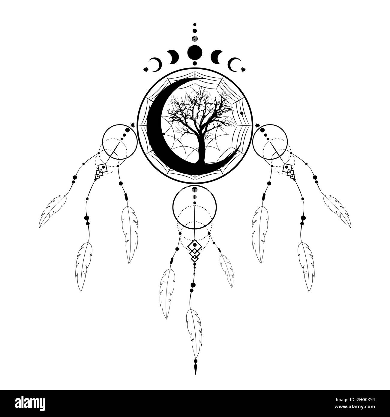 traumfänger mit Mandala-Ornament, Lebensbaum und Mondphasen. Halbmond, Black Mystic Symbol, ethnische Kunst mit indianischen Indianern Stock Vektor