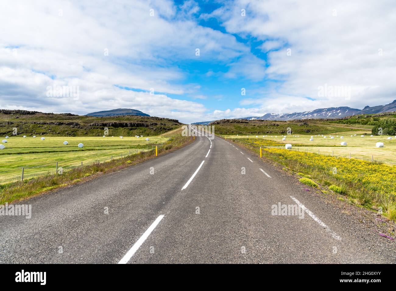 Kurvenreiche Landstraße, die an einem sonnigen Sommertag zwischen grasbewachsenen Feldern mit eingewickelten Heuballen führt Stockfoto