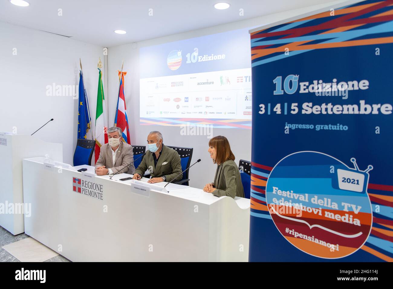 Marco Alpozzi/LaPresse 26. August 2021 Turin, Italien Show Pressekonferenz des 'Festival della TV e dei Nuovi Media' im Bild: Arnulfo, Carosso, Mariani Stockfoto