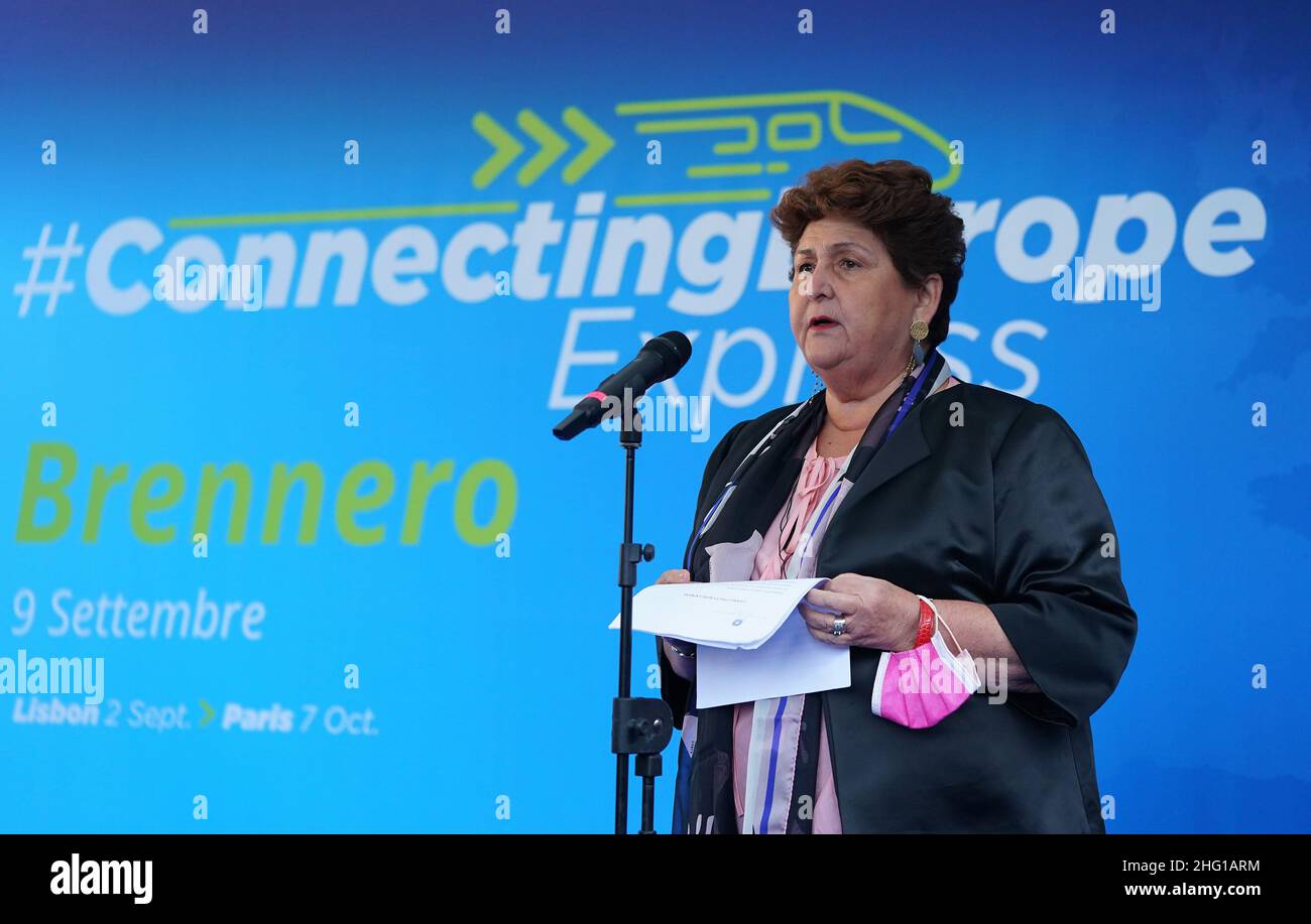 Spada/LaPresse 09. September 2021 - Brennero, Italien, berichtet über die Präsentation des "Connecting Europe Express"-Zuges, des Sonderzuges, der Europa durchqueren wird, auf dem Foto: Teresa Bellanova Stockfoto