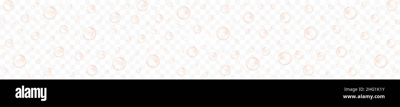 Goldene Luftblasen mit Champagner, Prosecco, Seltzer, Soda, Sekt. Kohlensäurehaltiges Getränk, Wasserstruktur auf transparentem Hintergrund. Vektor-realistische Darstellung. Stock Vektor