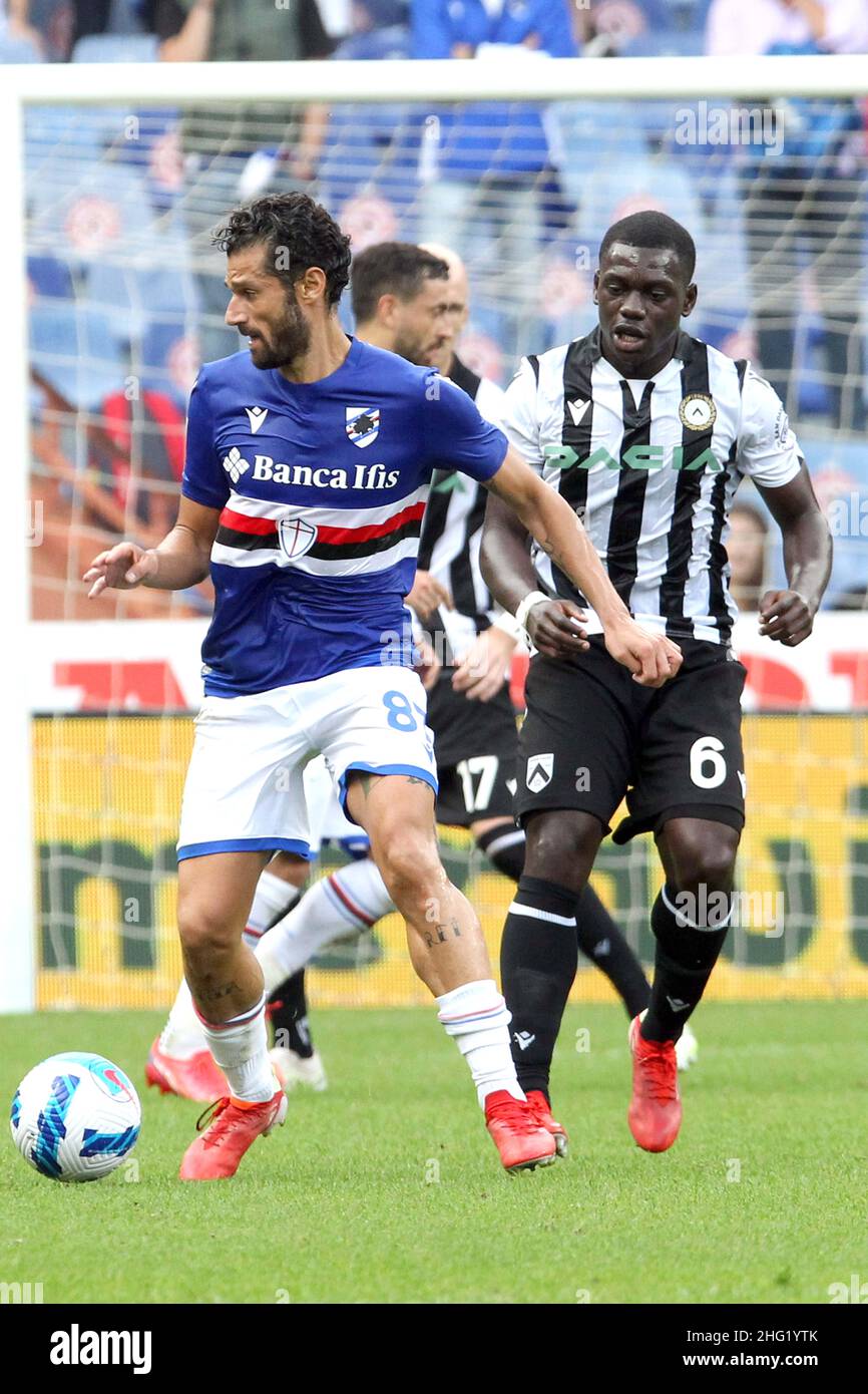 Foto Tano Pecoraro/LaPresse 03 Ottobre 2021 - Genua, Italia Sport, Calcio Sampdoria vs Udinese - Campionato italiano di calcio Serie A Tim 2021/2022 - Stadio Luigi Ferraris Nella foto: Candreva, makengo Foto Tano Pecoraro/LaPresse 03. Oktober 2021 - Genua, Italien Sport, Fußball Sampdoria vs Udinese - Italienische Serie A Fußball-Meisterschaft 2021/2022 - Luigi Ferraris Stadion auf dem Foto: Candreva, makengo Stockfoto