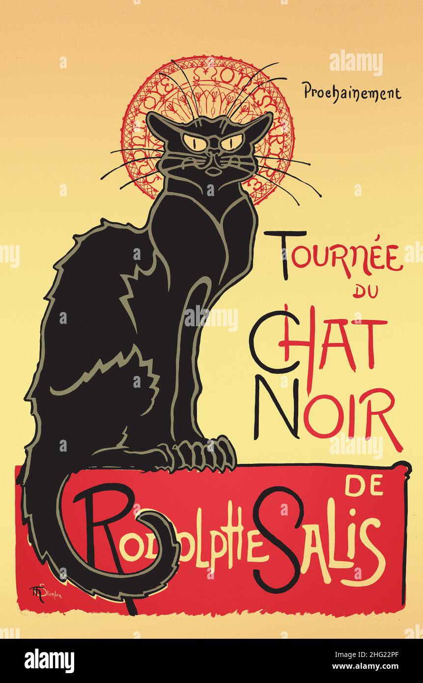 Digital restauriertes hochauflösendes, ikonisches Paris-Kulturerbe-Plakat der schwarzen Katze 1896 Souvenir mit Le Chat Noir Stockfoto