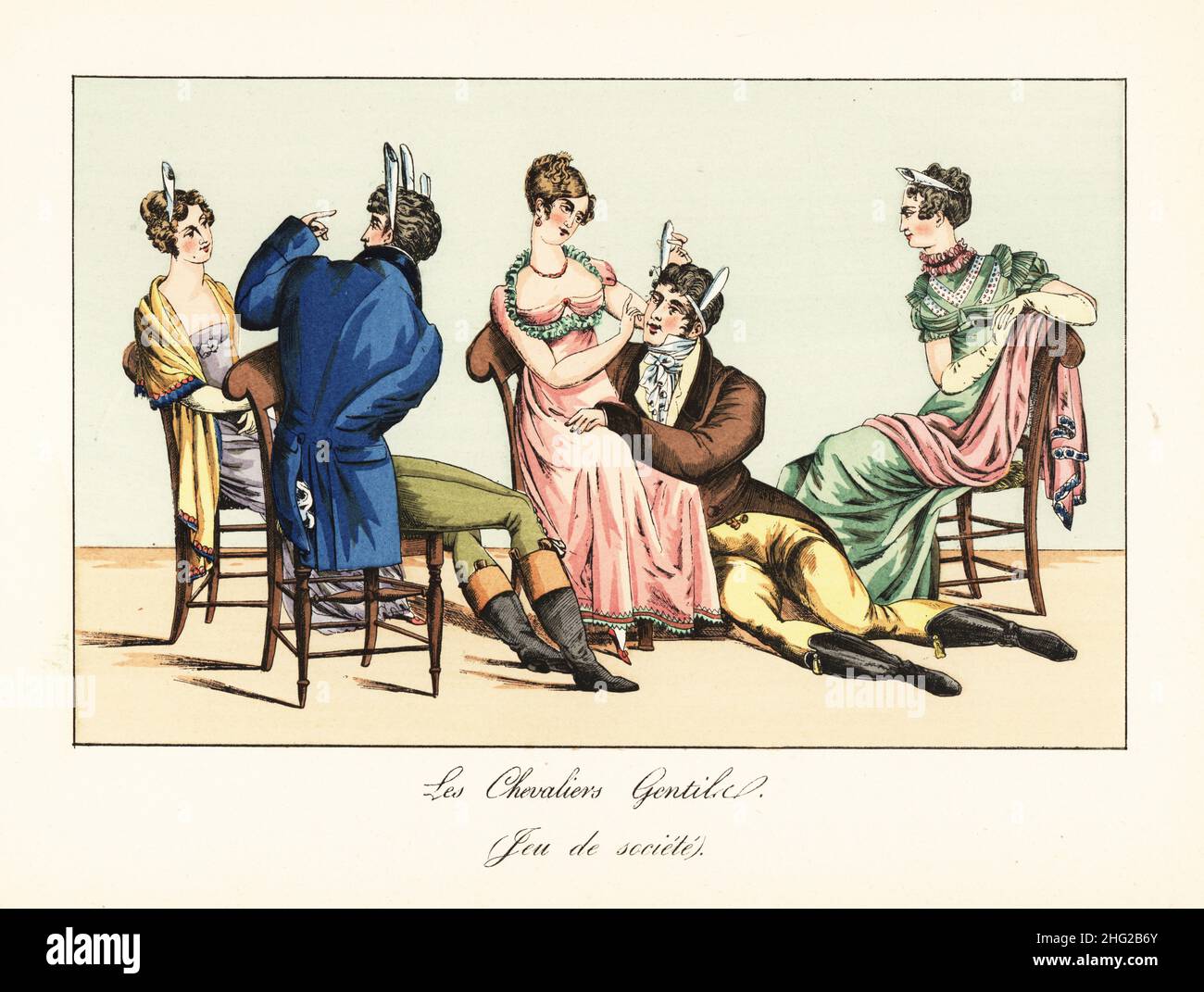 Modische Menschen spielen das Memory-Spiel des sanften Ritters. Spieler, die Fehler beim Rezitieren eines langen Satzes machen, müssen Papierhörner im Haar tragen. Les Chevaliers Heiden (Jeu de societe). Von Pierre de la Mesangere's Le Bon Genre, 1817. Handkolorierte Lithographie nach Gatine aus Henry Rene d’Allemagne’s Recreations et Passe-Temps, Games and Pastimes, Hachette, Paris, 1906. Stockfoto