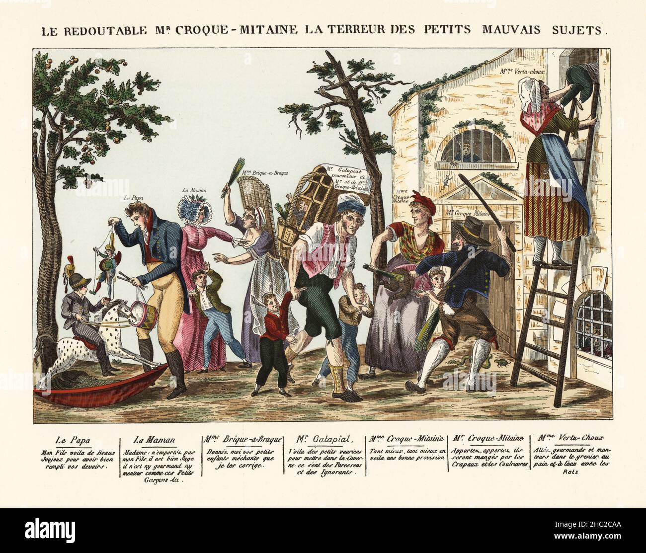 Eine Gruppe von Buben, die schlechte Kinder fangen und bestrafen. Herr und Frau Bogeyman schlugen Kinder, während Assistentin Gatapiat ein Kind in einem Weidenkäfig in ein Gefängnis bringt. Links gibt ein Vater einem guten Jungen Spielzeug, während die Mutter gegen Frau Brique-a-Braque kämpft. Le redoutable M. Croque-Mitaine la terreur des petits mauvais. Satirischer Druck veröffentlicht chez Jean, Rue St Jean de Beauvais, 1802. Handkolorierte Lithographie von Henry Rene d’Allemagne’s Recreations et Passe-Temps, Games and Pastimes, Hachette, Paris, 1906. Stockfoto