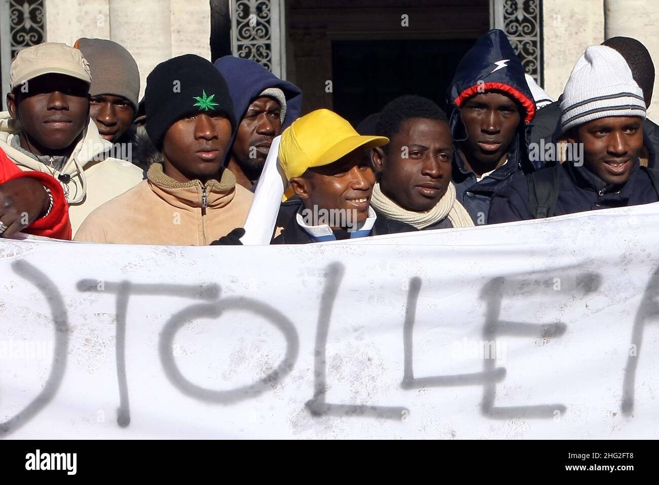 Pressekonferenz der Rosarno-Migranten, organisiert vom römischen Anti-Rassismus-Netzwerk zur Anerkennung der Rechte, der würde, der Regularisierung und der Aufnahme sofort Stockfoto