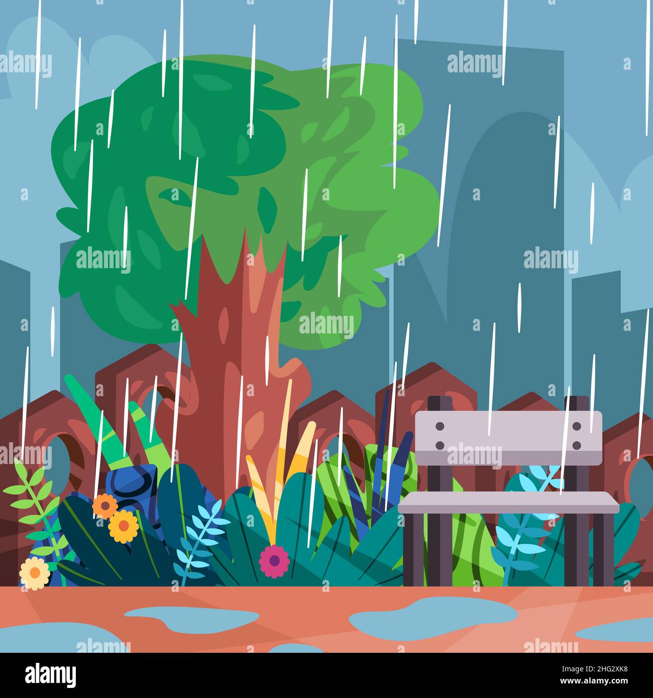 Szenenansicht des leeren Parks Regenzeit Wetter Outdoor Vektordarstellung mit dunklem Himmel Stock Vektor