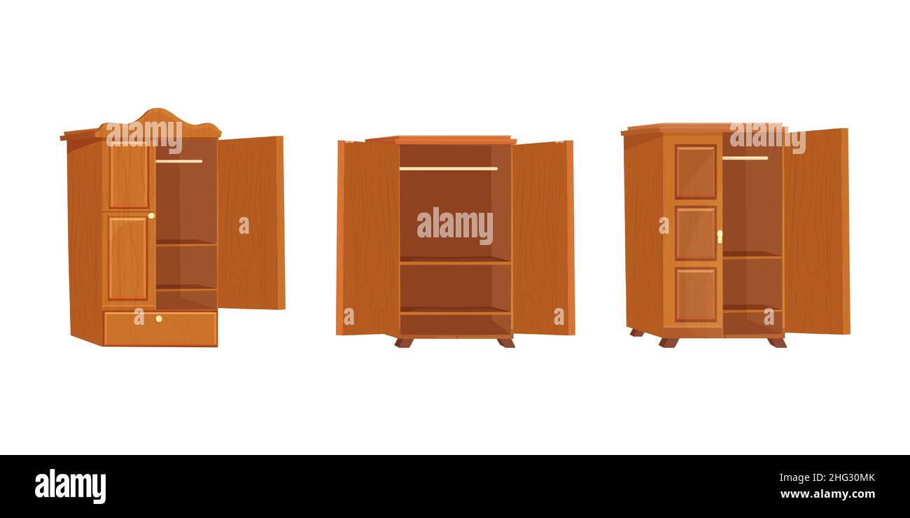 Set Holzschrank leere Möbel mit Regal in Cartoon-Stil isoliert auf weißem Hintergrund. Schrank, Schublade Innenobjekt. Vektorgrafik Stock Vektor