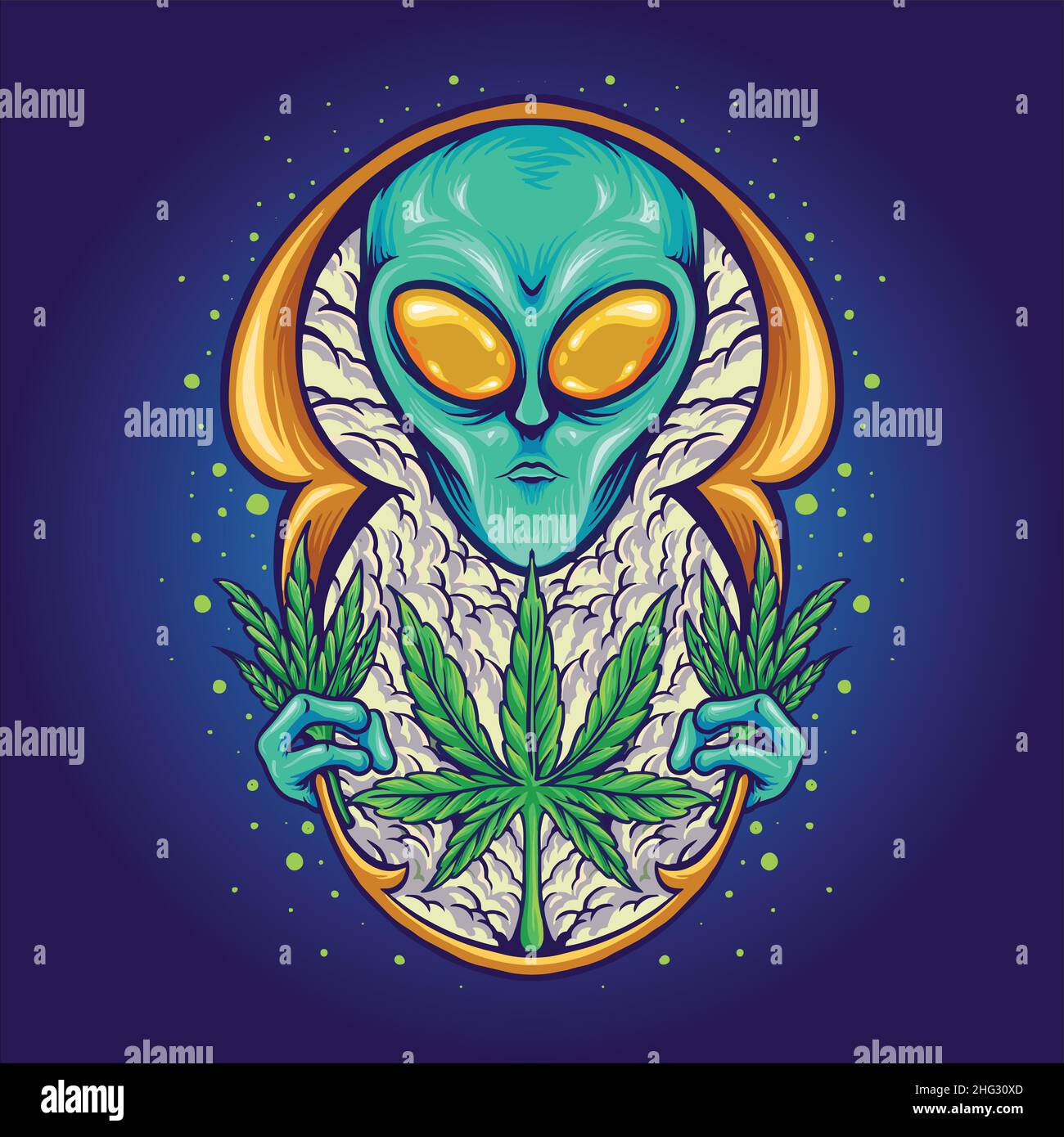 Alien Weed Plant Cannabis Galaxy Space Vektor Illustrationen für Ihre Arbeit Logo, Maskottchen Merchandise T-Shirt, Aufkleber und Label-Designs, Poster Stock Vektor