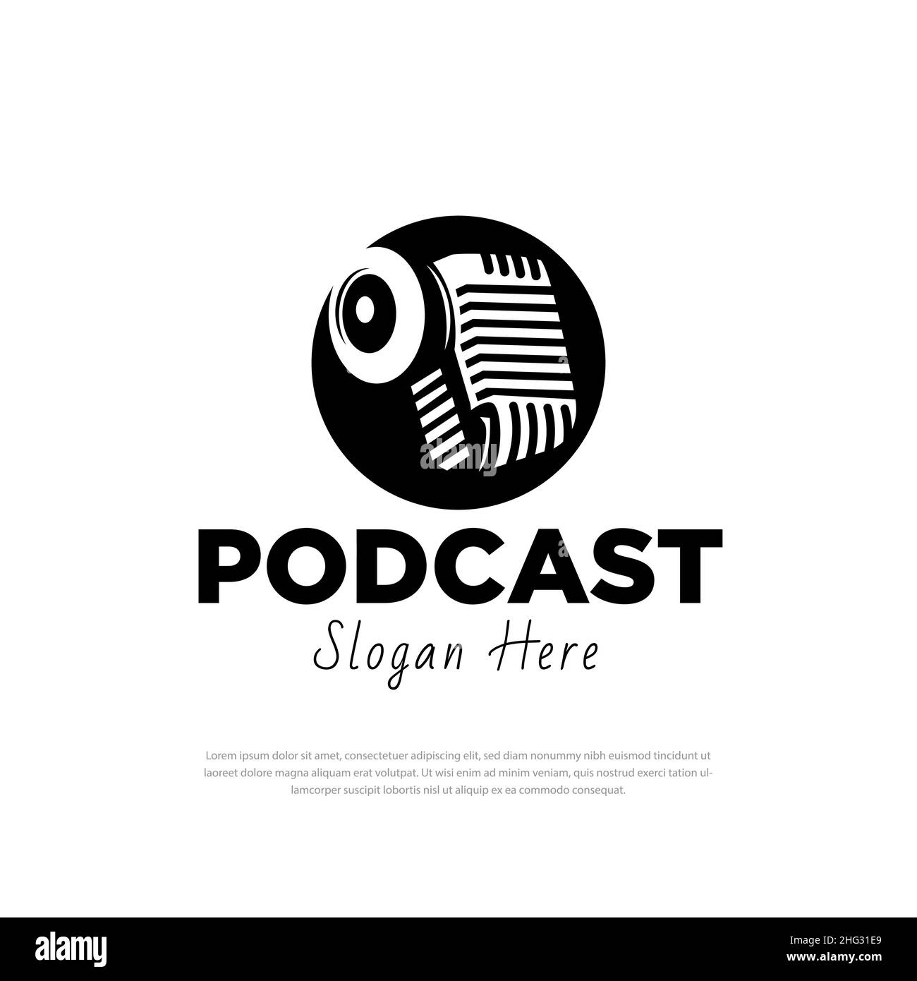 Podcast-Logo-Design. Emblem-Vorlage mit Retro-Mikrofon. Designelemente für Logos, Etiketten, Embleme, Schilder. Vektorgrafik Stock Vektor