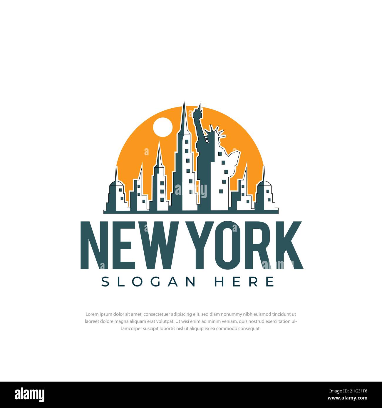 Logo-Design Grafische Illustration des sonnigen New York City mit berühmten Gebäuden und Sehenswürdigkeiten. Modernes Vektorlinien-Kunstdesign. Stock Vektor