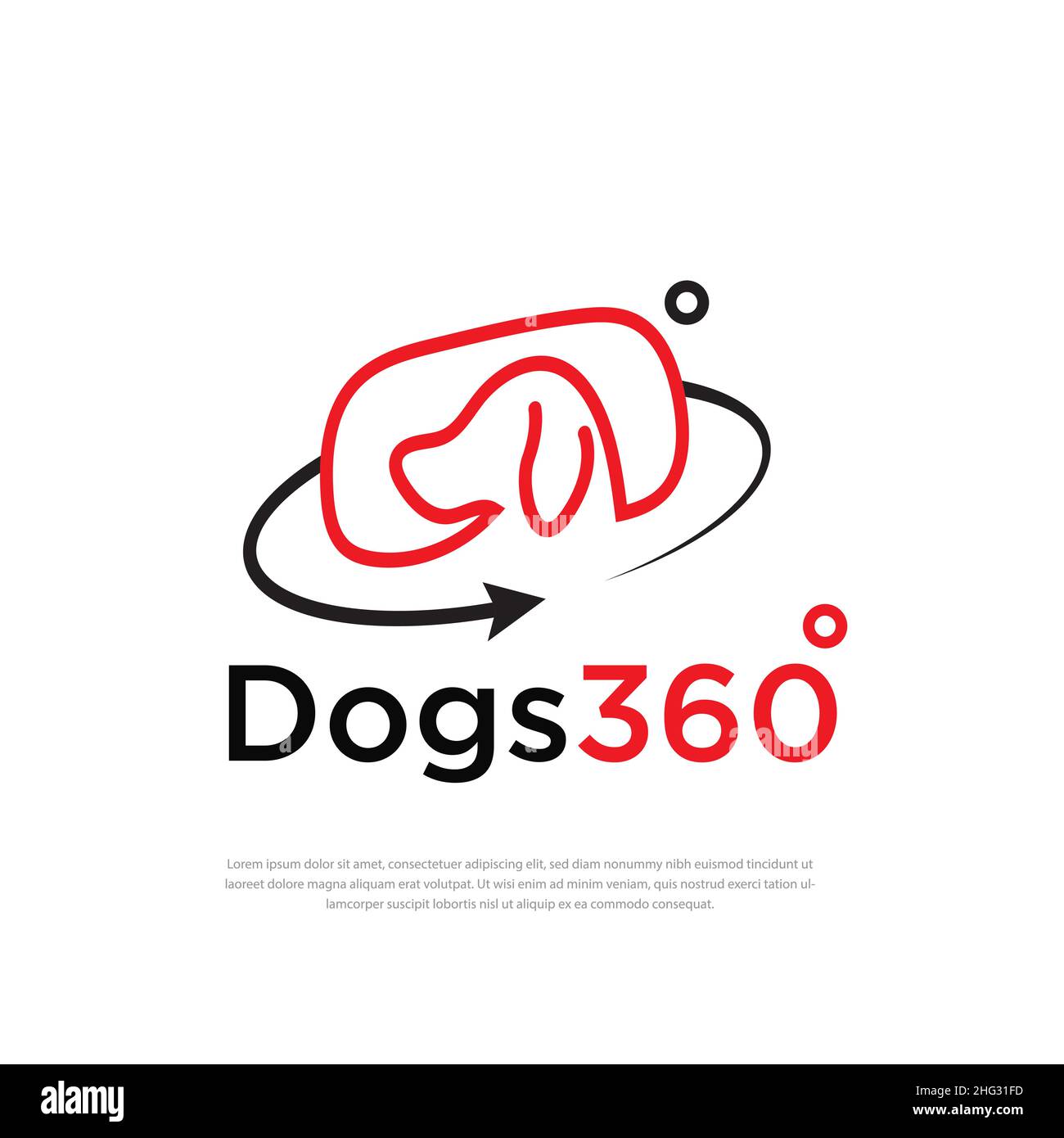 Dog 360-Grad-App-Vektor-Design-Logo für 360-Fläche-Ansicht und kreisförmigen Pfeil. Stock Vektor