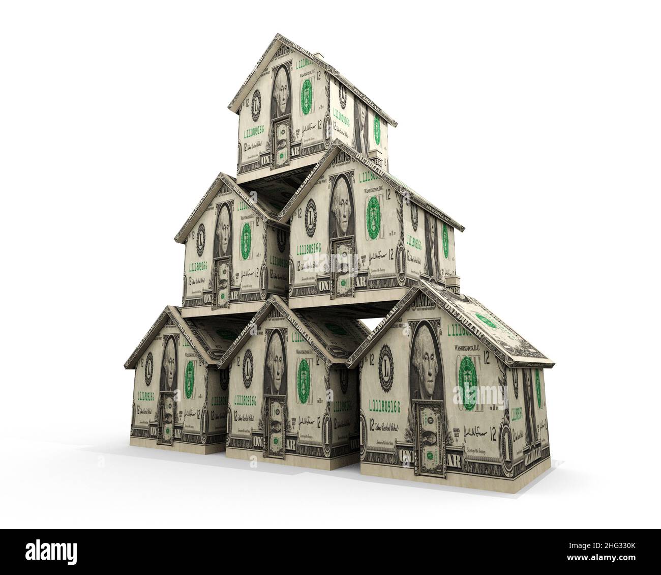 Multiple Hypotheken: Eine Illustration, die sich auf die finanzielle Belastung mehrerer Hypotheken oder den finanziellen Gewinn aus mehreren Immobilieninvestitionen bezieht. Stockfoto