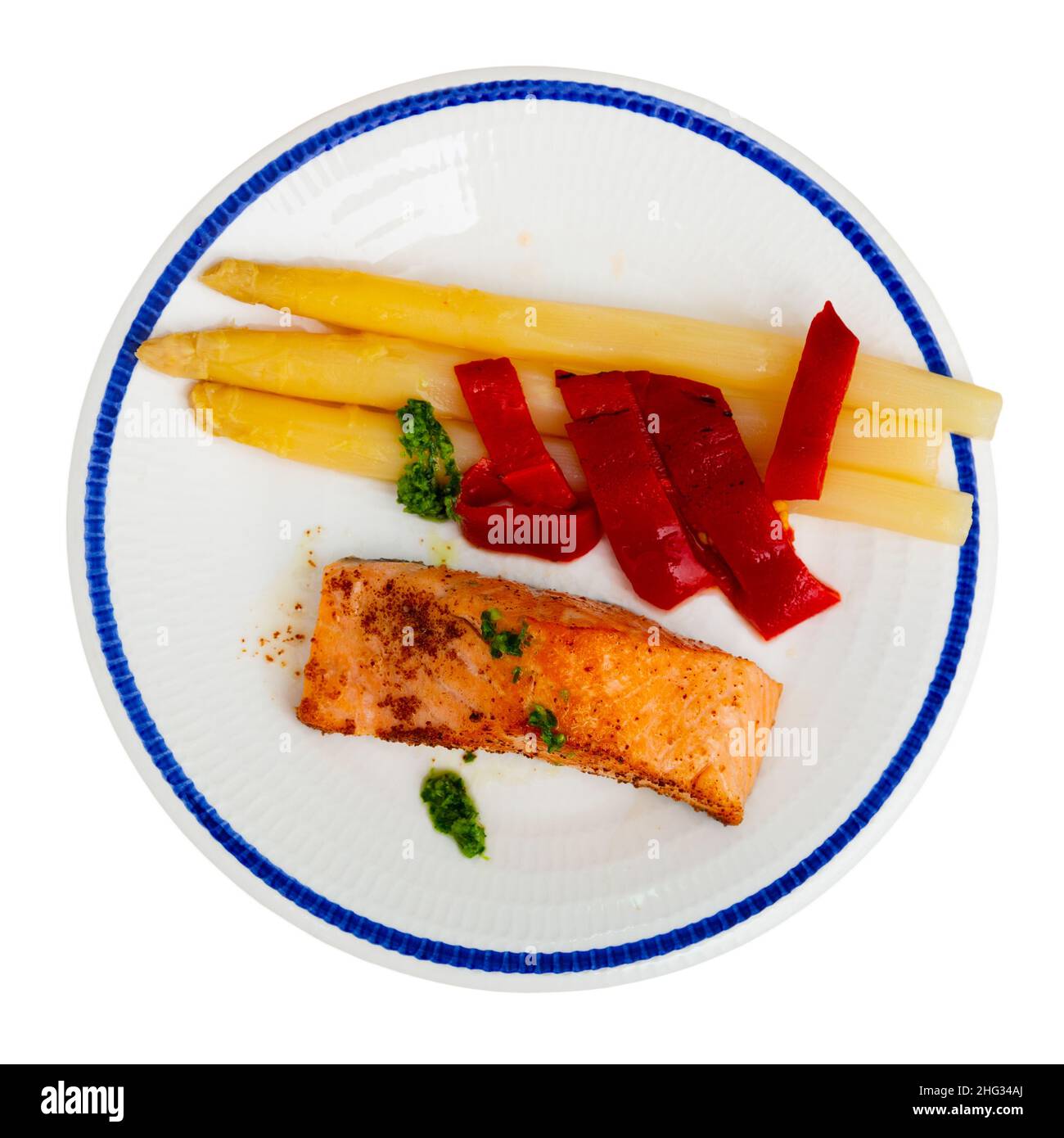 Gericht mit appetitlichtem Lachssteak mit Gemüse Stockfoto