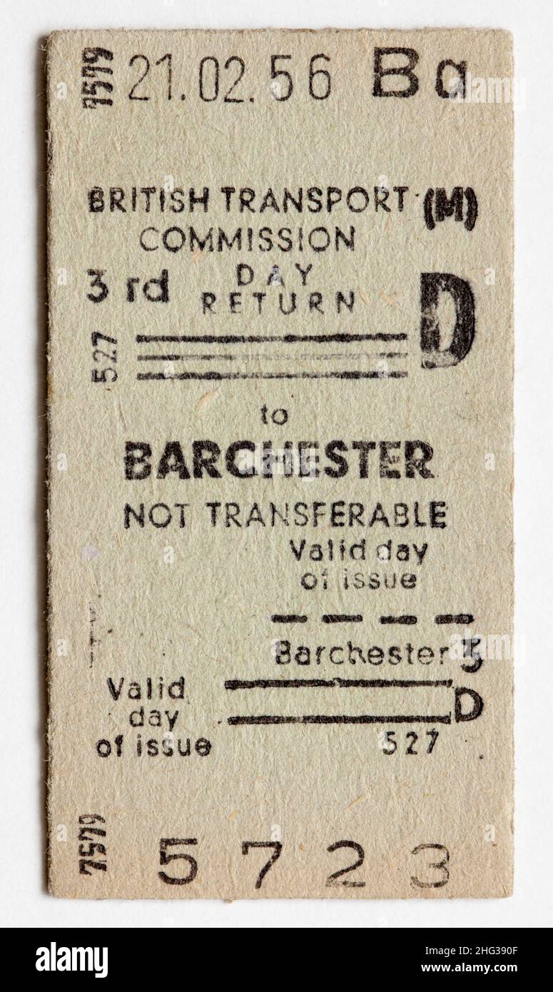 Old 1950s British Transport Commission Railway Train Ticket - Barchester Station Stockfoto