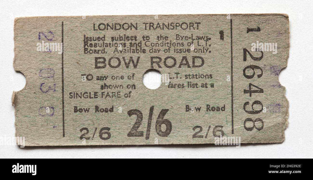 Vintage 1960s London Transport Railway Ticket Bow Road Stockfoto