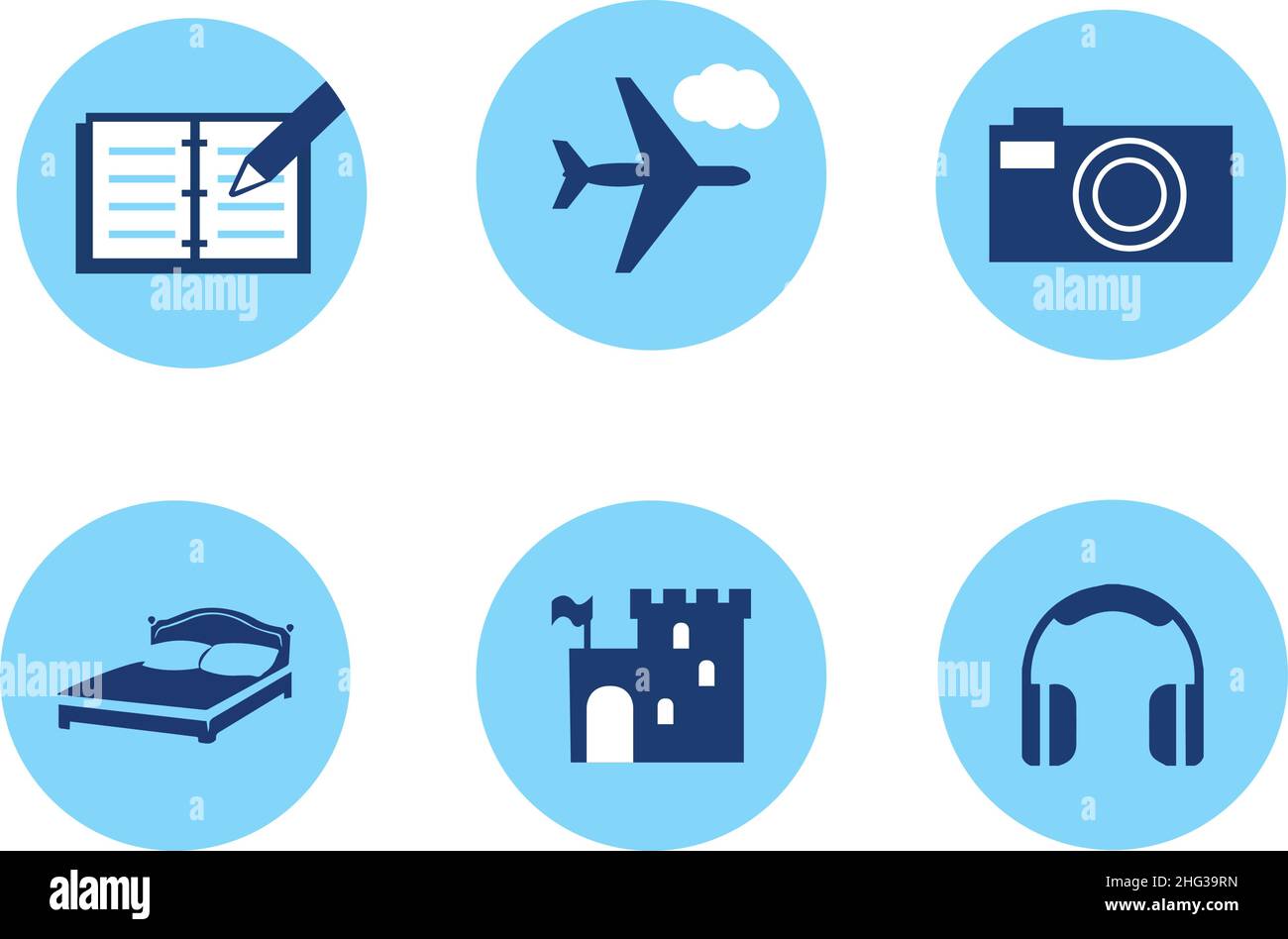 vektor Illustration Lifestyle Symbol Set Buch Flugzeug Kamera Bett Burg Kopfhörer Stock Vektor