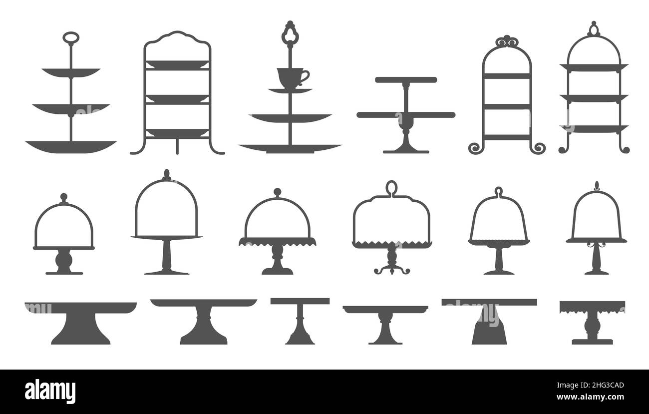 Set von Kuchen steht im flachen Icon-Stil. Leere Tabletts für Obst und Desserts. Vektorgrafik. Stock Vektor