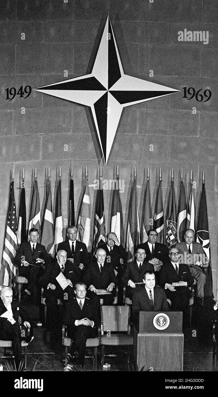 Präsident Richard Nixon sprach bei der NATO-Jahrestagung 20th im Department Interdepartement Auditorium, Washington, D.C. USA. A Stockfoto
