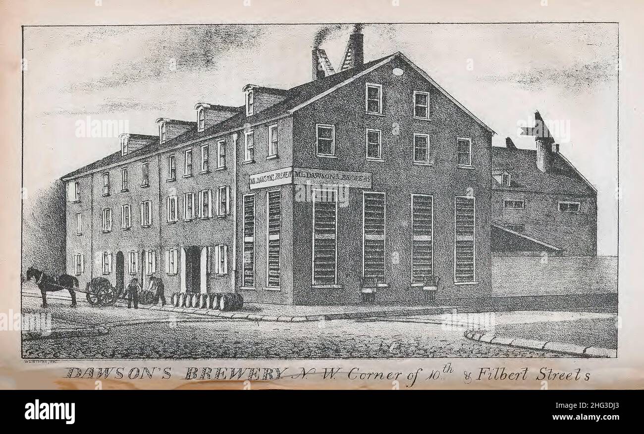 Vintage Lithographie von Dawson's Brewery, Northwest Corner of 10th und Filbert Street, Philadelphia. USA. 1831 Diese Lithographie von 1831 zeigt Dawsons Br Stockfoto