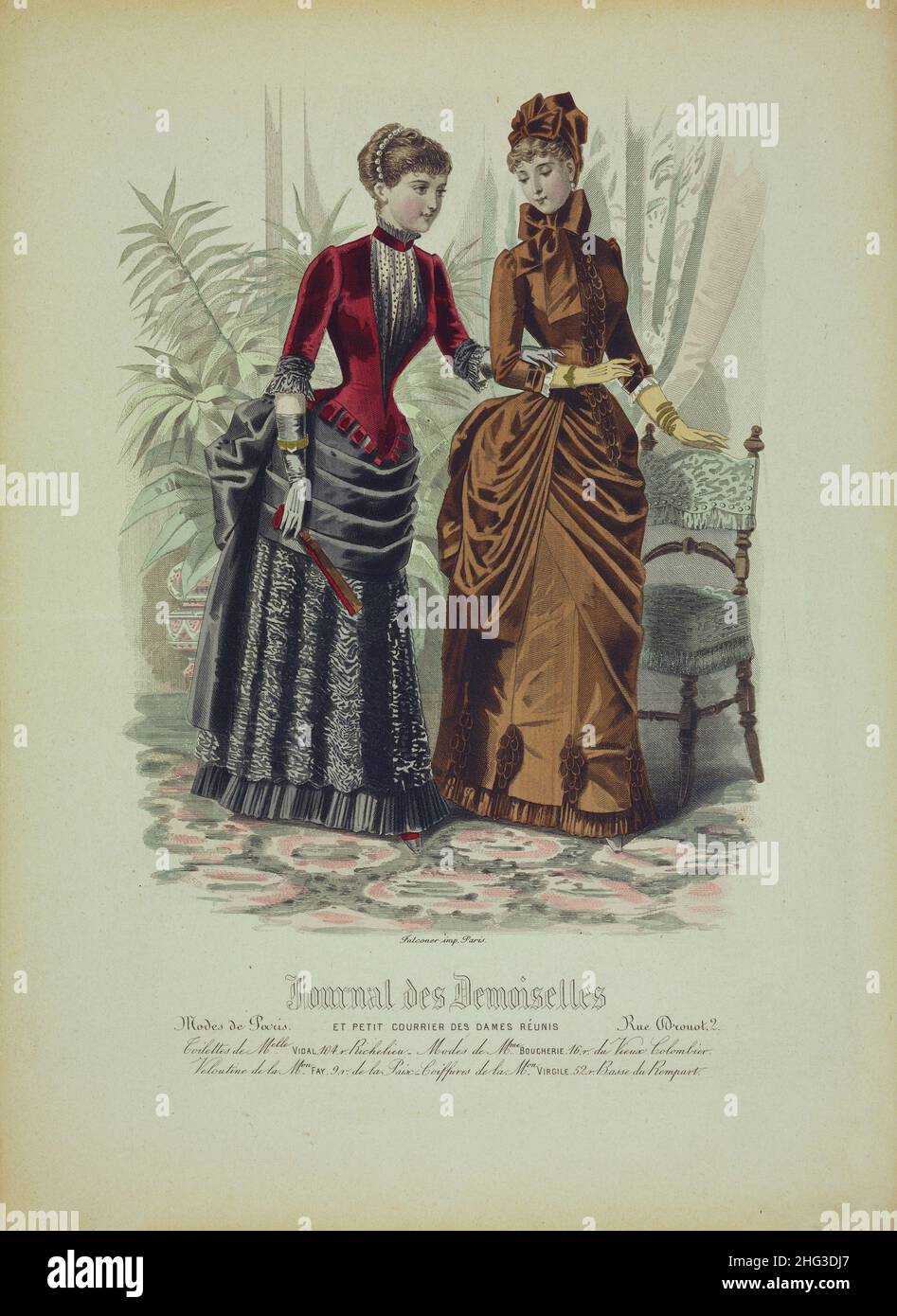 Vintage-Farblithographie der Pariser Mode: Zeitschrift für Mädchen und eine kleine Mail von den wiedervereinigten Damen. 1884 Stockfoto