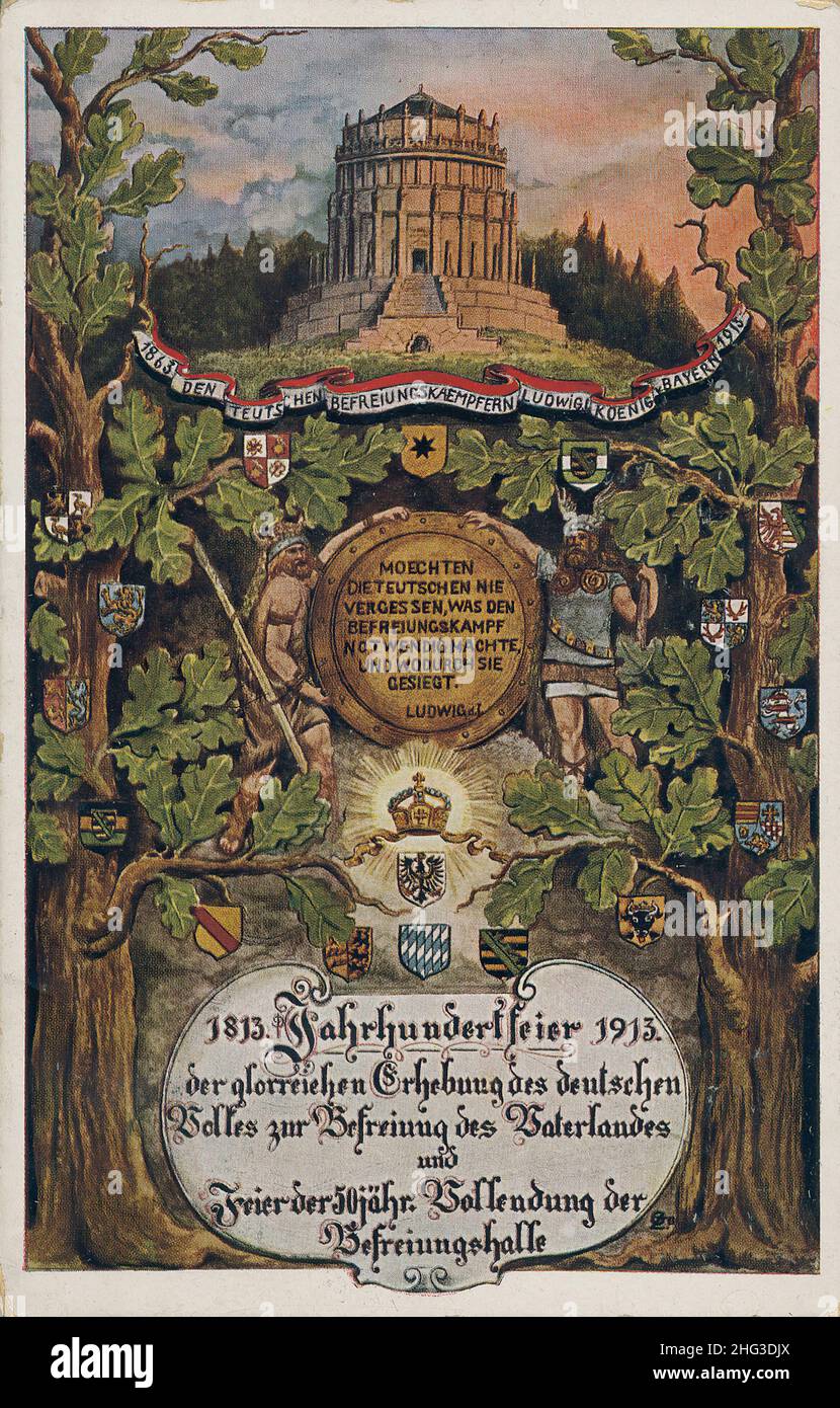 Altes deutsches Gedenkplakat zum 100. Jahrestag der Schlacht von Leipzig, 1813-1913. Deutschland Schlacht von Leipzig, auch bekannt als das Battl Stockfoto
