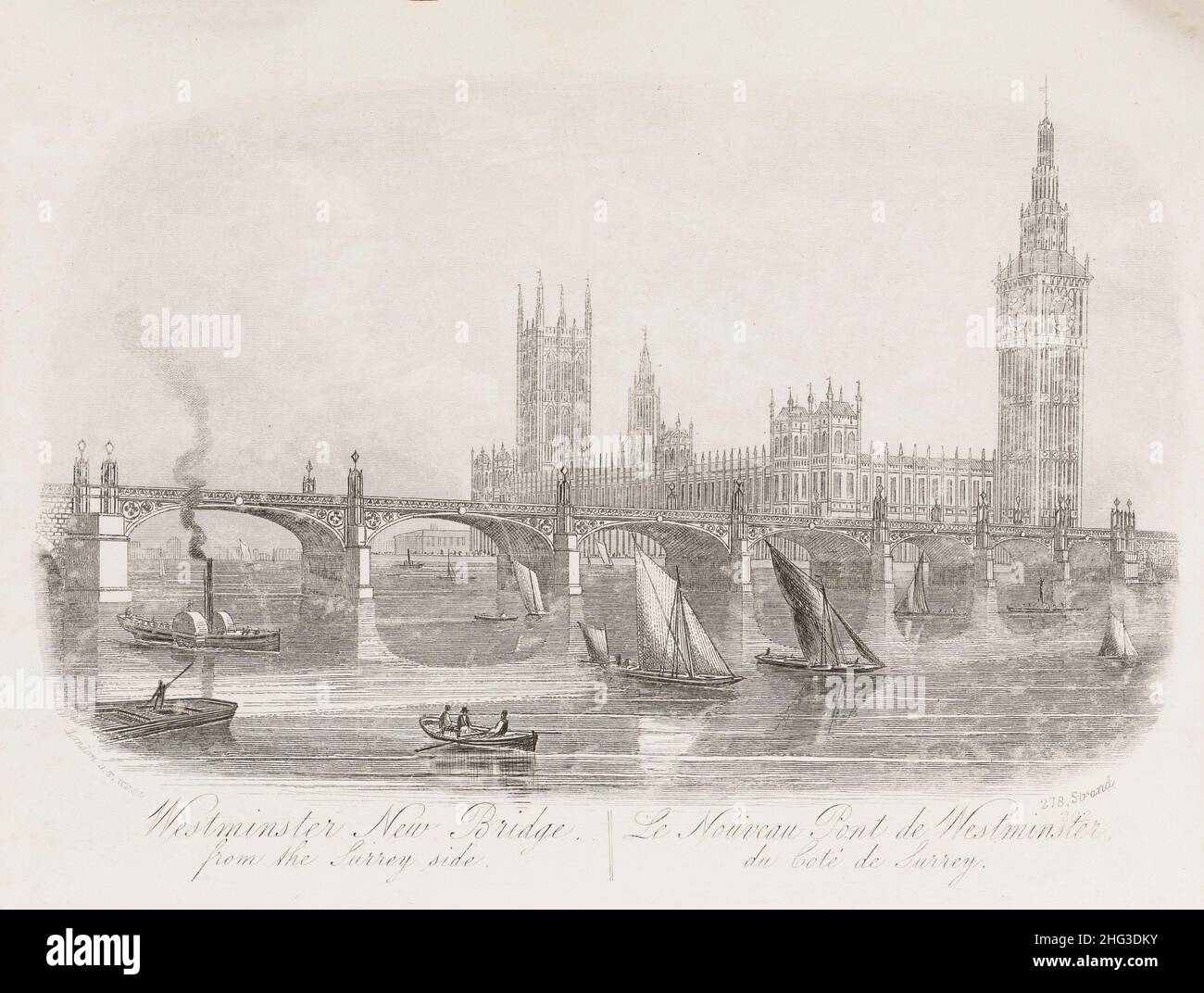 Gravur der Westminster Bridge in London, von Surrey aus gesehen. 1862 Stockfoto
