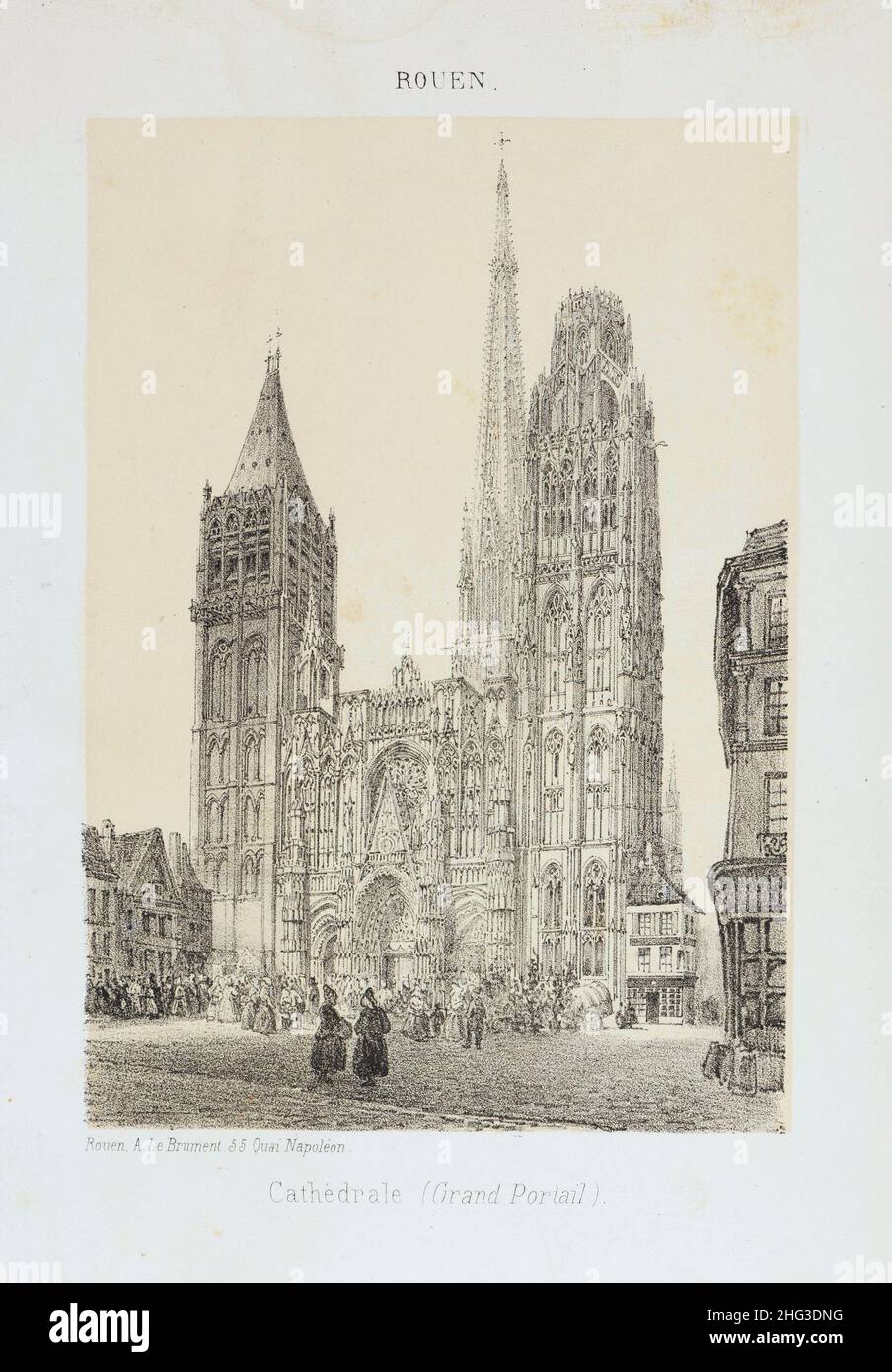 Lithographie mit Blick auf die Kathedrale von Rouen. 1876-1877 die Kathedrale von Rouen (französisch: Cathédrale primatiale Notre-Dame de l'Assomption de Rouen) ist eine römische Ca Stockfoto