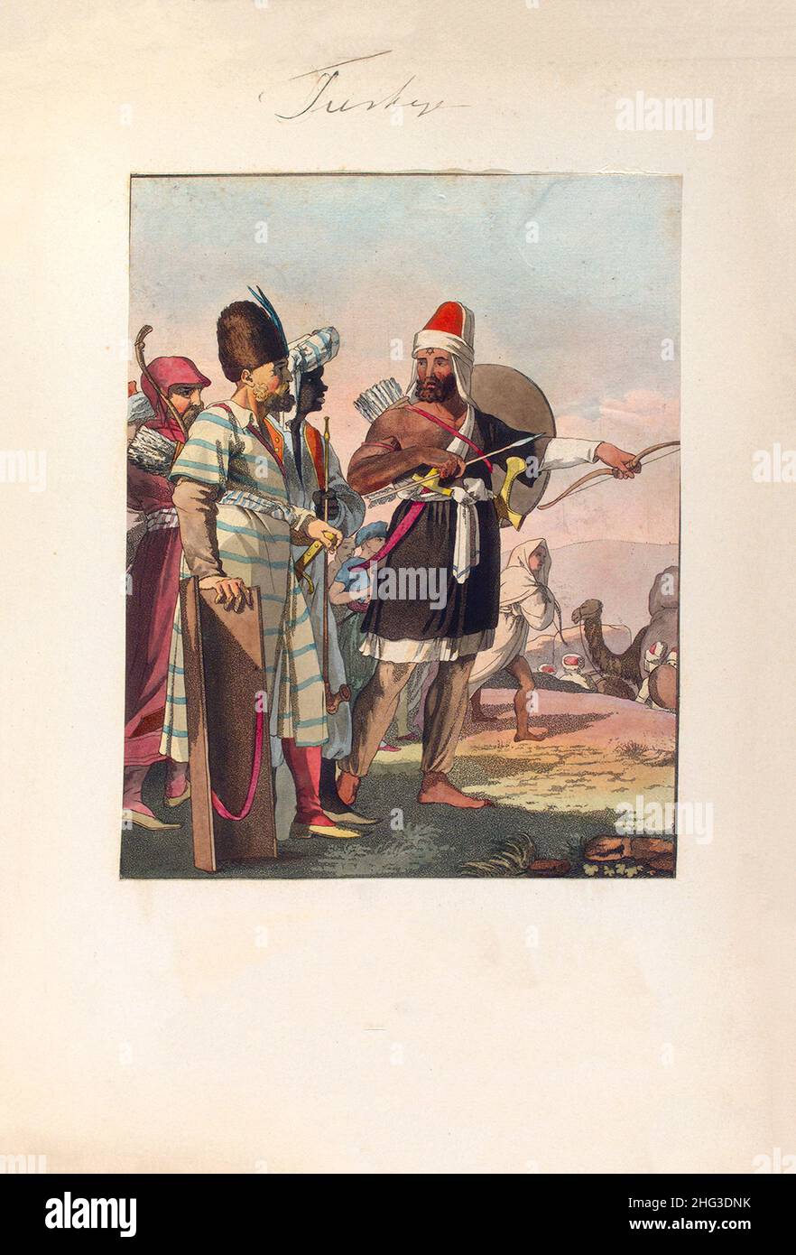Lithographie der arabischen Mamluken (asiatische türkische leichte Infanterie) der türkischen Armee des 17th-18th Jahrhunderts. 1910 Mamluk (übersetzt als 'einer, der gehört', meani Stockfoto