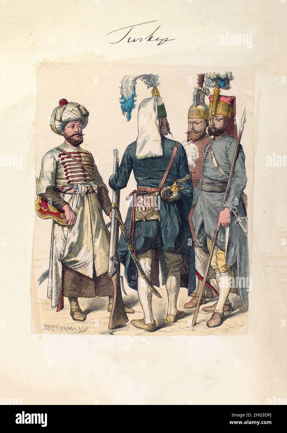 Lithographie der türkischen Armee (osmanische Truppen) von 1600-1805. Janissary. 1910 War Ein Janissary Mitglied der Elite-Infanterieeinheiten, die die Osmanen bildeten Stockfoto