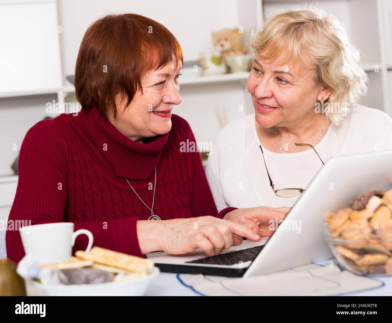 Zwei glückliche ältere Frauen mit einem Laptop Stockfoto