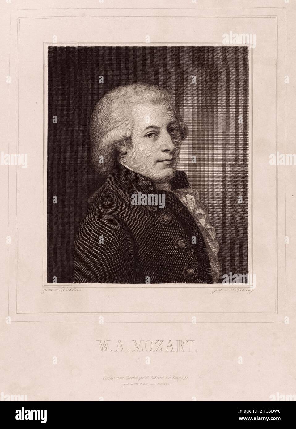 Porträt von Wolfgang Amadeus Mozart. 1835-1850, von Lazarus Gottlieb Sichling (1812-1863) – Grafiker. Wolfgang Amadeus Mozart (1756 – 1791) tauft Stockfoto
