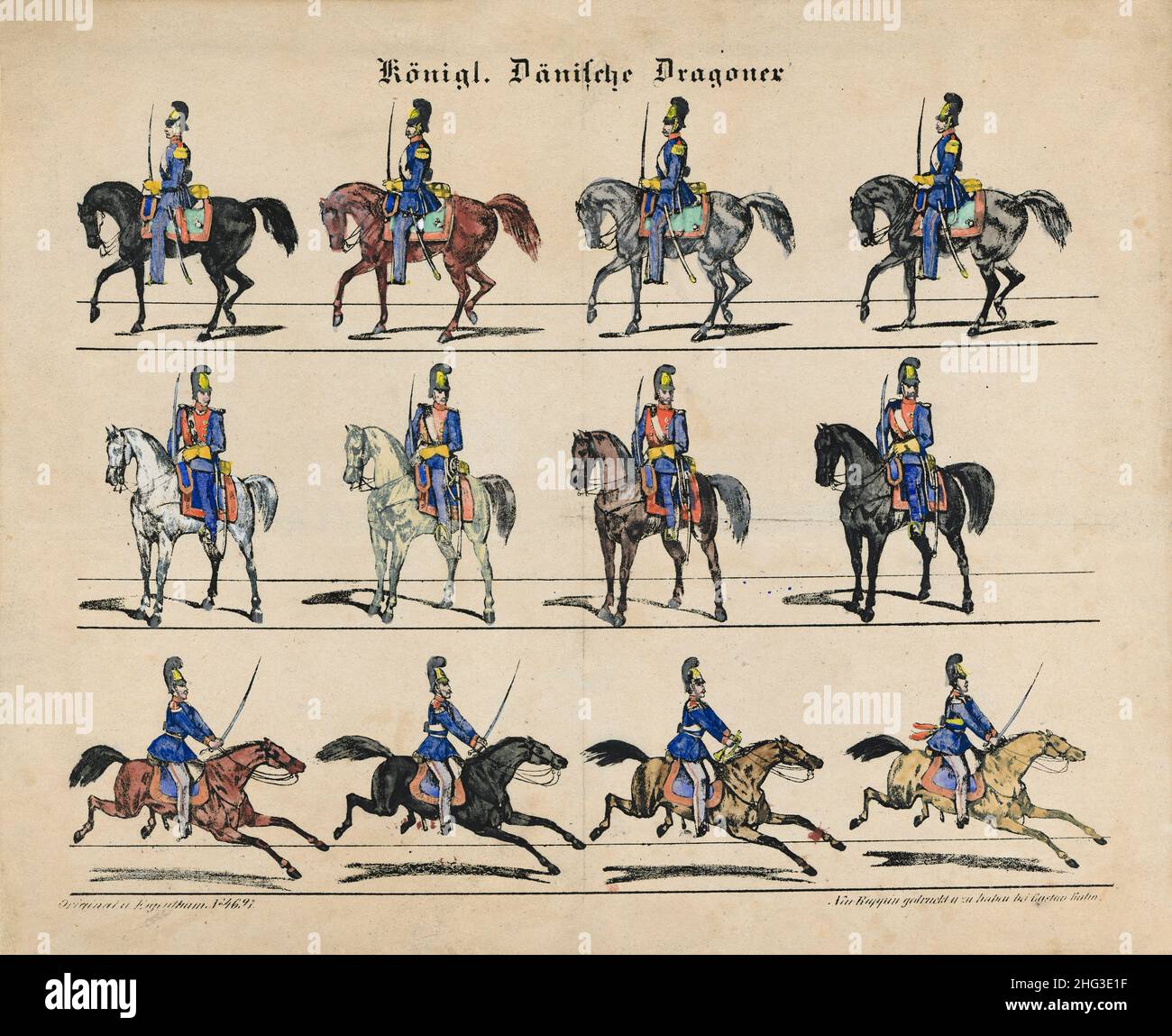 Vintage-Zeichnungen der Königlich Dänischen Dragoons. 1863 Stockfoto