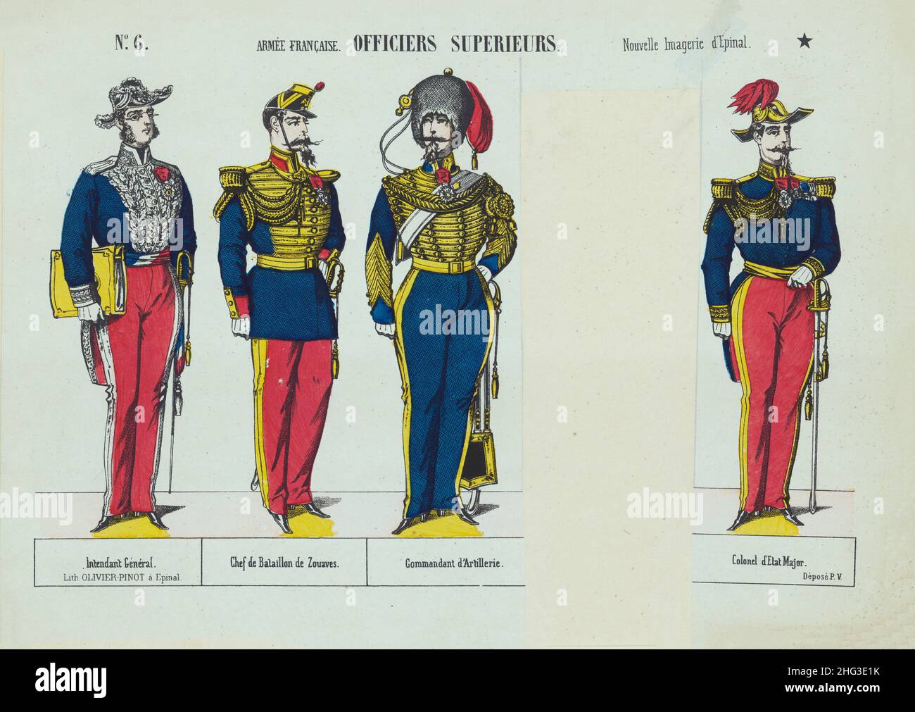 Vintage-Illustrationen der französischen Armee. Hochrangige Französische Offiziere. D'Epinal. 1860 von links nach rechts: Generalintendant, Kommandant des Bataillons von Zouaves, Artil Stockfoto