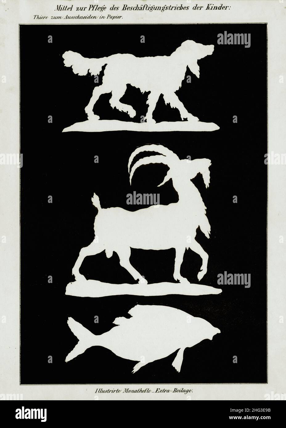 19th Jahrhundert Papierdruck von Tieren und Fischen zum Ausschneiden. Mittel zur Pflege des Beschäftigungsinstinkts von Kindern: Tiere zum Ausschneiden in Papier. G Stockfoto