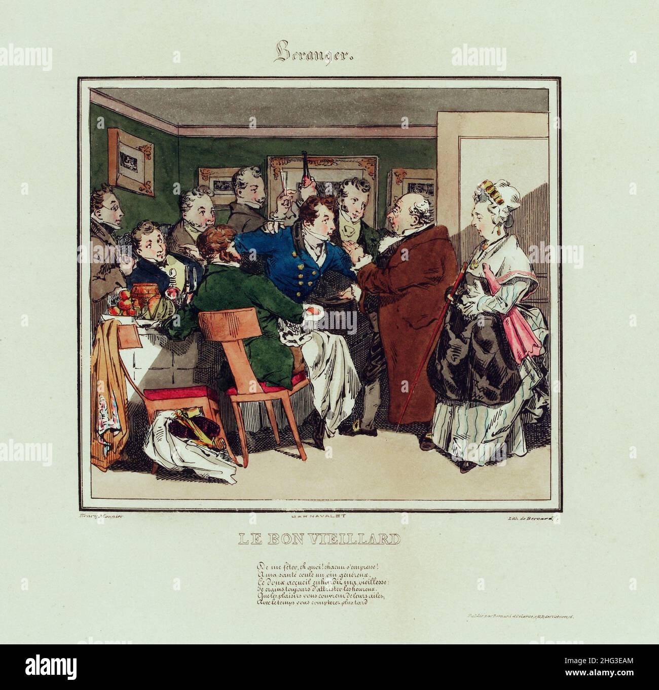 Die französische Farblithographie: Der gute alte Mann (Bérangers Lieder/Le Bon Veillard). 1826 von Henry Bonaventure Monnier (Zeichner-Lithograph) (1799-18 Stockfoto