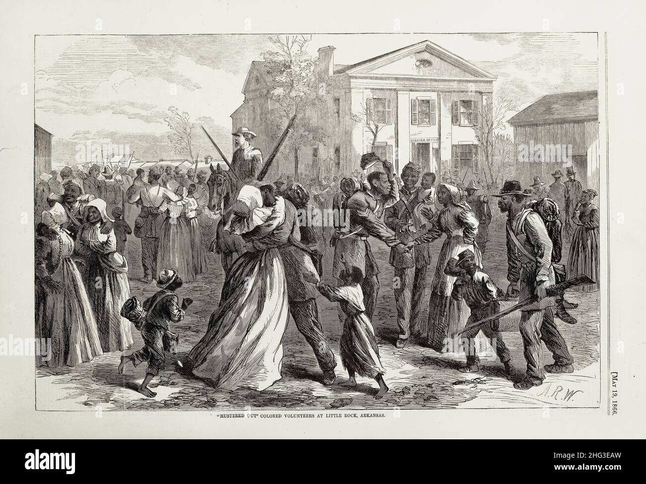 Illustration des amerikanischen Bürgerkriegs. Afroamerikanische Soldaten, die in Little Rock, Arkansas, aufmarschieren. 1866 Stockfoto