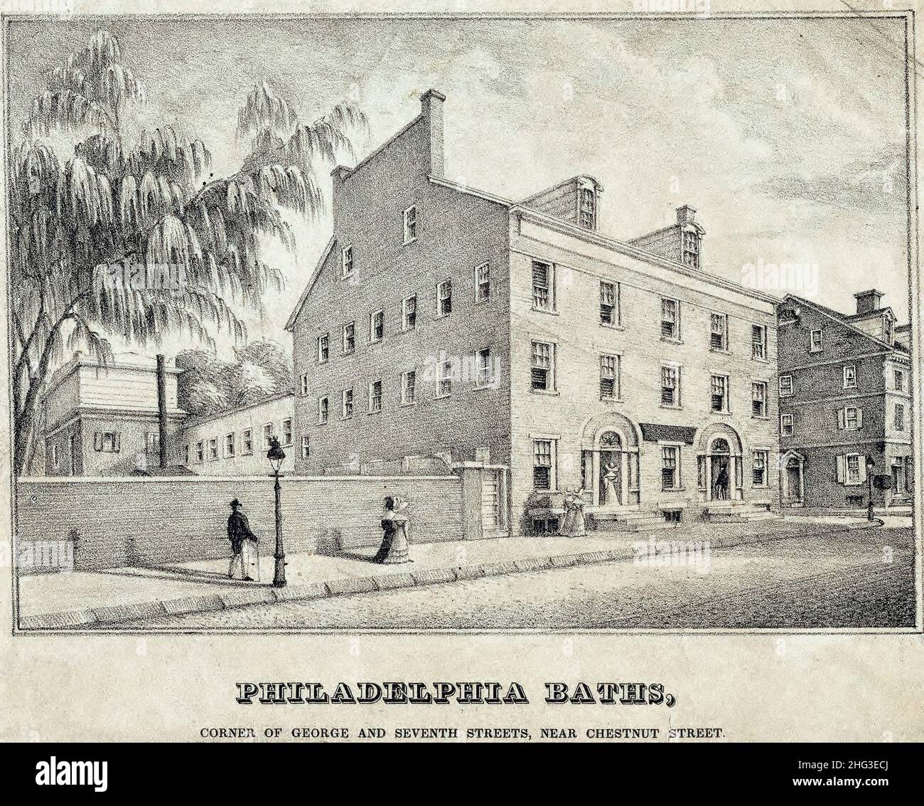 Vintage Lithographie von Philadelphia Baths, Corner of George und Seventh Streets, in der Nähe der Chestnut Street. USA. 1829 Lithographie aus der Zeit um 1829 Stockfoto