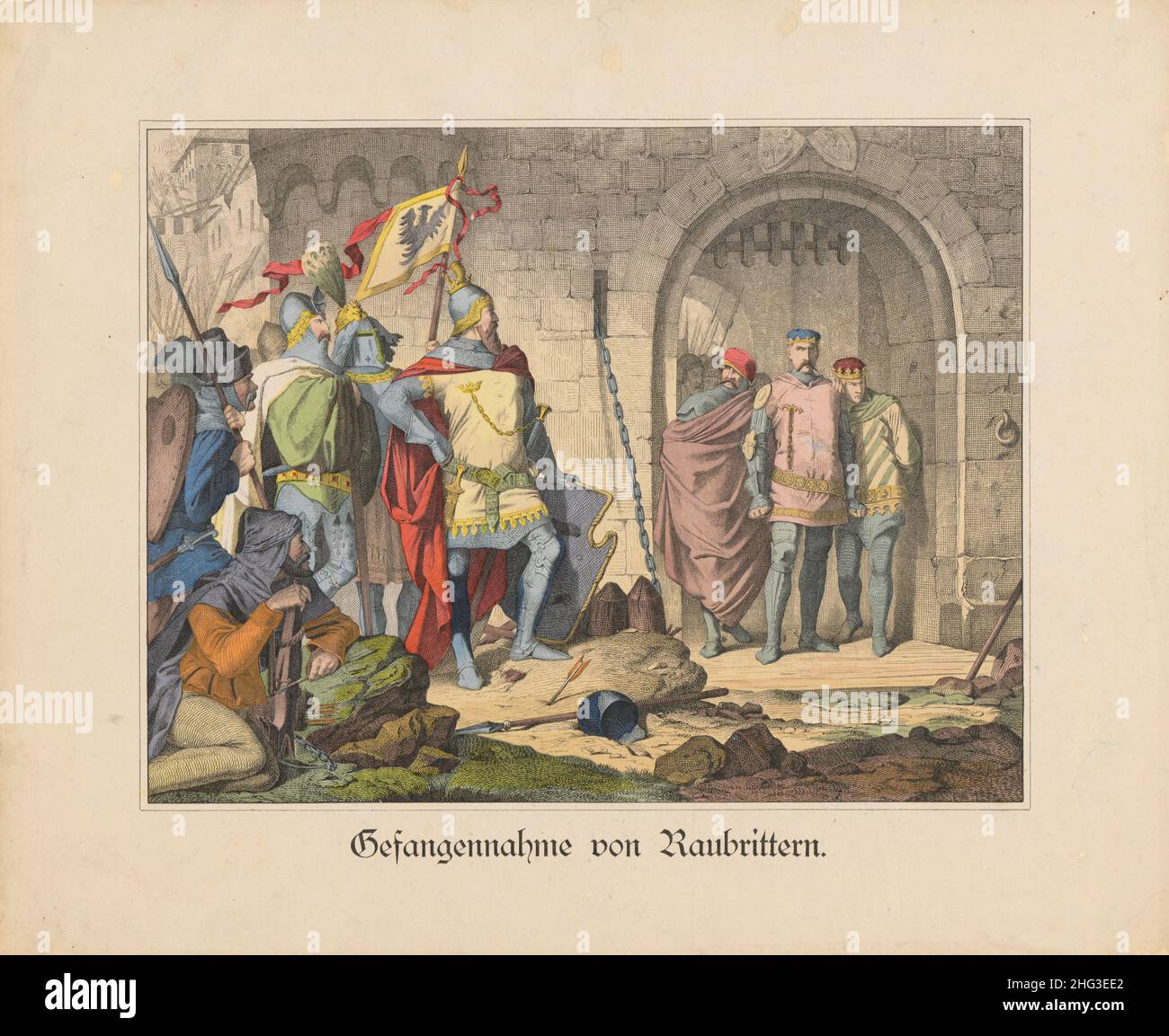 Vintage-Farbzeichnung über das Mittelalter: Erfassung von Raubrittern. 1865 Stockfoto