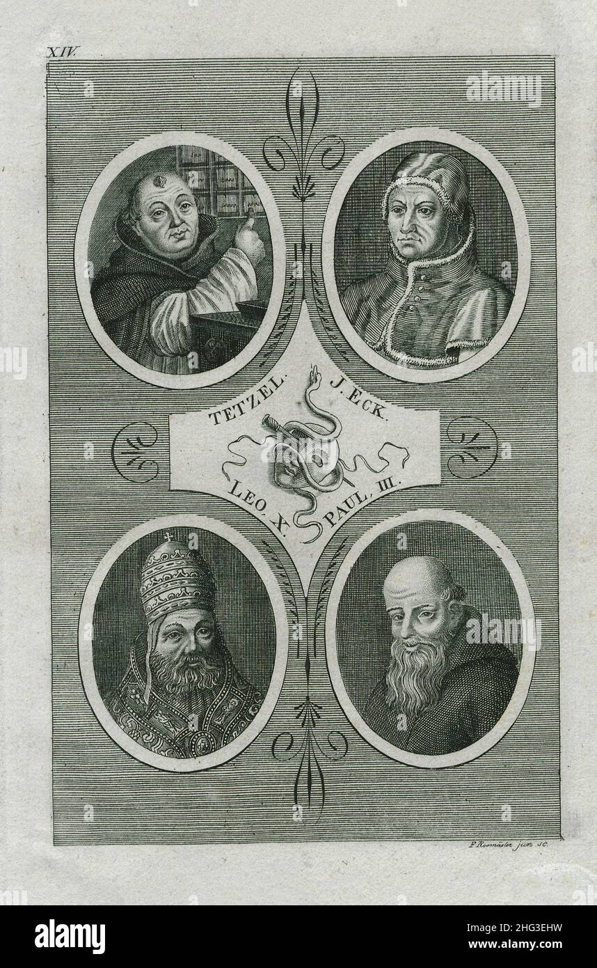 Porträtgravur von Tetzel, J. Eck, Leo X, Paul III. 1700 Johann Tetzel OP (c. 1465 – 1519) war ein deutscher Dominikanerbruder und Prediger. Er wurde ernannt Stockfoto
