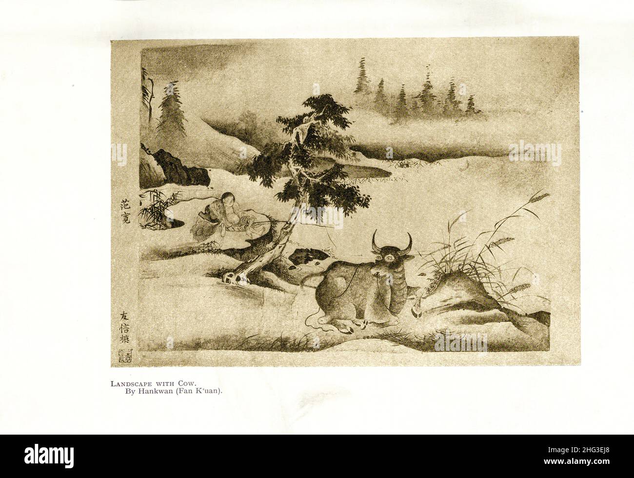 Chinesische mittelalterliche Landschaft mit Kuh. Von Hankwan (Fan Kuan). Gemälde der Nördlichen Song-Schule. Reproduktion der Buchdarstellung von 1912. Fan Zhong Stockfoto